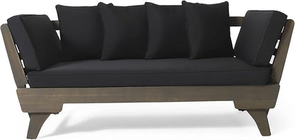 Merax Outdoor Patio Daybed Sofa,3-Seat Sofa with Foldable Arm 4 Back Pillows,Teak Acacia Wood Frame Beige Removable Cushion,Grey+Black