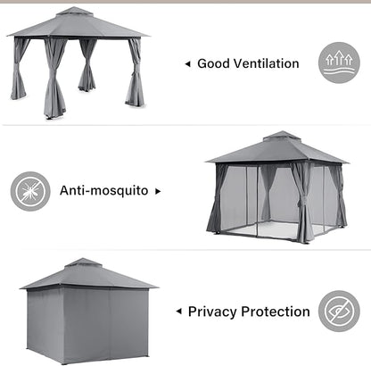 LAUSAINT HOME Semi-Permanent Outdoor Patio Gazebo 10'x10', Heavy Duty Party Tent Shelter with Double Roofs, Mosquito Nettings and Privacy Screens for Backyard, Garden, Lawn, Gray