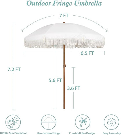AMMSUN 7ft Patio Umbrella with Fringe Outdoor Tassel Umbrella UPF50+ Premium Steel Pole and Ribs Push Button Tilt, Cream White