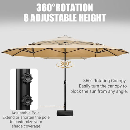LEVELEVE 14FT Double-Sided Patio Umbrella with Base Included, Large Outdoor Rectangular Market Umbrella for Backyard, Poolside, Lawn & Garden, Khaki