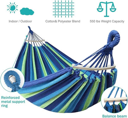 MOSFiATA Hammocks Portable Camping Hammock Upgraded 550lb Comfortable Fabric Hammock with Two Anti Roll Balance Beam and Sturdy Tree Straps for Camping, Patio, Backyard, Outdoor （Blue Green）