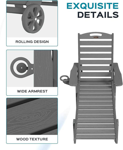 Ciokea Outdoor Lounge Chair Set of 4, All Weather Patio Chaise Lounge Chair for Outside, HDPE Chair with Rolling Wheels & Cup Holder, 5 Position, Deck, Pool, Dark Grey