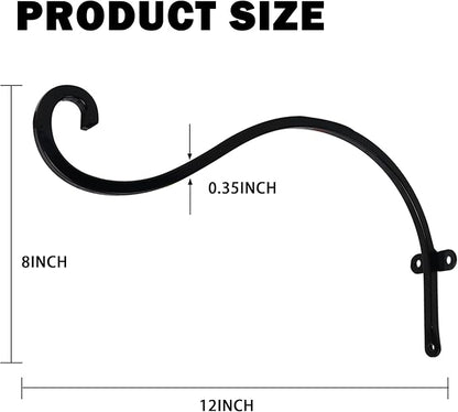 Hourleey 2 Pack Plant Hanger Outdoor, 12 Inch Heavy-Duty Hanging Plant Hook for Outside Basket, Black Metal Wall Mount Plant Bracket Hook for Flower Baskets Bird Feeder