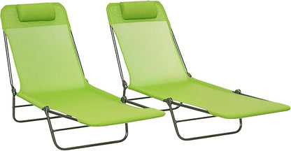 Outsunny 2 Piece Folding Chaise Lounge Chairs, Pool Sun Tanning Chairs with Reclining Back, Breathable Mesh Seat, Headrest for Beach, Yard, Patio, Green