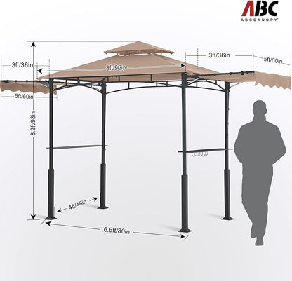 ABCCANOPY Grill Gazebo with 2 Side Awnings - 14x5 Outdoor BBQ Canopy Shelter with 2 Led Lights for Patio Backyard Grilling (Khaki)