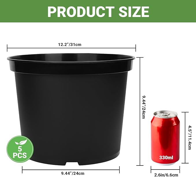 GREANER 5 Gallon Pots for Plants, 5PCS Black Nursery Pots with Drainage Holes, Plastic Seed Starting Container for Succulents, Flowers, Tomatoes, Seedlings
