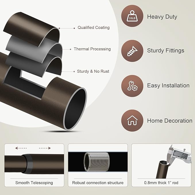 Modern Antique Brown Bronze Curtain Rods for Windows 72 to 144 Inches Adjustable Heavy Duty 1" Diameter Window Rod with Decorative Finials for Outdoor Farmhouse Bedroom Kitchen Living Room