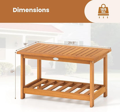 Tangkula Outdoor Acacia Wood Coffee Table, Patio 29.5” Rectangle Slatted 2 Tier Coffee Table with Storage Shelf, for Outside Balcony Patio Poolside