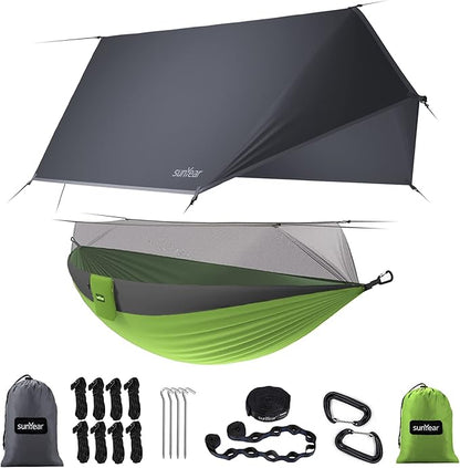Sunyear Camping Hammock, Portable Single & Double Hammock with Net, 2 Person Hammock Tent with 2 * 10ft Straps, Best for Outdoor Hiking Survival Travel