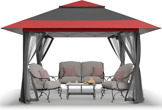 CROWN SHADES 11x11 Pop Up Gazebo, Patented One Push Outoor Canopy Tent with Wheeled STO-N-Go Cover Bag, Pop Up Canopy with Netting for Patio, Backyard (11x11, Red &Grey)