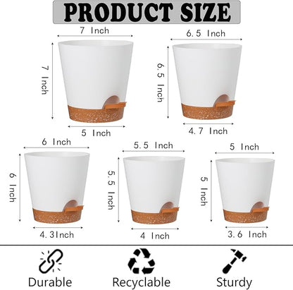 Plant Pots Outdoor Self Watering Pots, Flower Pots with Drainage Hole and Reservoir White Plastic Planters for Indoor Plants Home Decorations Gift Idea 5Pack