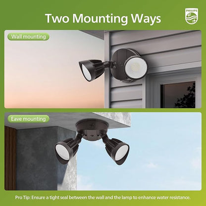 Philips 44W 3500LM ‌LED Security Flood Light‌ ‌Outdoor‌，Switch Controlled Aluminum ‌Security Light‌, 2 Adjustable Heads，5000K Daylight，Wet Location for Patio, Garden, Yard Lights