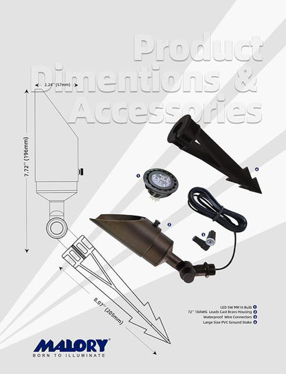 MALORY Brass Landscape Spotlight 1-Pack with MR16 Bulb Kit(S04), Low Voltage 12V AC/DC Shroud Adjustable Outside Yard Lighting,PVC Ground Stake and Wire Connector Included, 5W 2700K Warm White