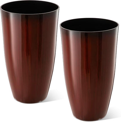 Glitzhome 23.5" H Oversized Tall Planter, Set of 2 Plastic Large Outdoor Planters with Drainage Holes, Gradient Red Faux Ceramic Finish, Large Flower Pots Round Plant Pots for Indoor Outdoor Patio