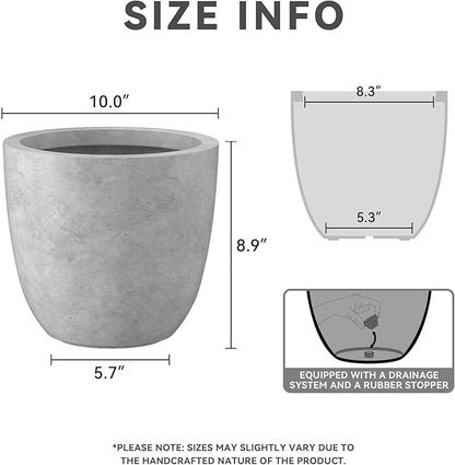 Kante 10 Inch Dia Round Concrete Planter, Indoor Outdoor Large Plant Pot with Drainage Hole and Rubber Plug for Home Patio Garden, Natural Concrete