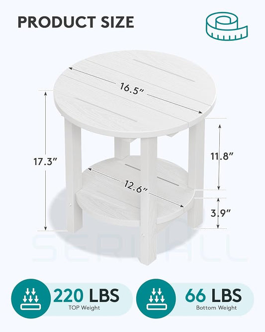 Side Table, 2-Tier Round HDPE Outdoor Patio Table, White