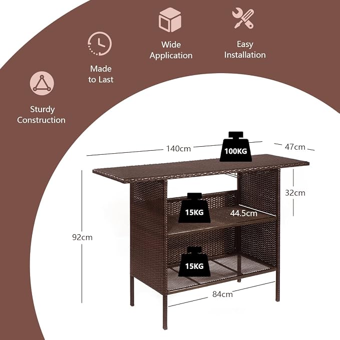 Bar Table, Outdoor Rattan with Steel Shelves and Cup Racks, Brown