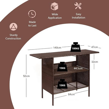 Bar Table, Outdoor Rattan with Steel Shelves and Cup Racks, Brown