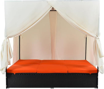 Patio Chaise Lounge, PE Rattan Outdoor Patio Wicker Sunbed Daybed with Adjustable Seats, Four-sided Canopy, Overhead Curtain and Orange Cushions for Backyard, Garden, Poolside (for 2-6 people)