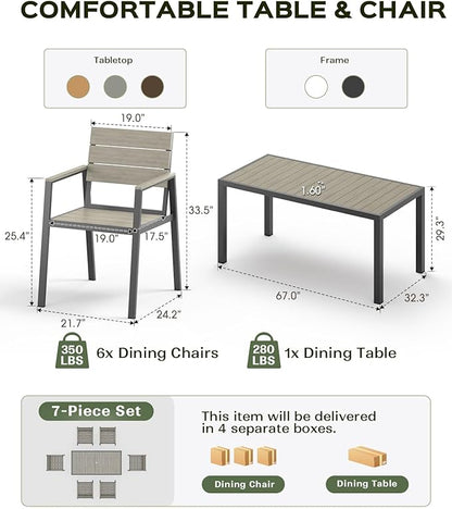 7-Piece Outdoor Dining Set, Aluminum Dining Table Set for 6, Patio Table and Chairs Set with Umbrella Hole, All Weather HDPS Outdoor Table and Chairs for 6 (Gray)