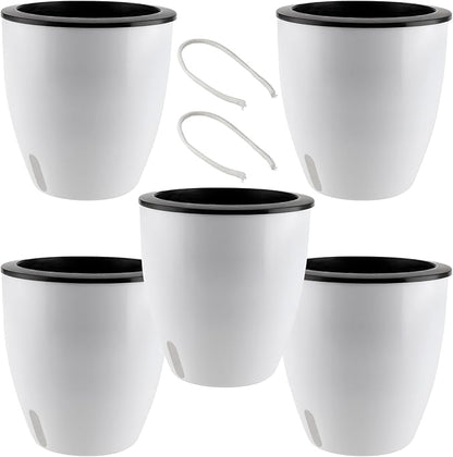 5 Pack 7 Inch Self Watering Plant Pots, White Plastic Self Watering Flower Pots with Visual Water Level Window, Self Watering Planter for Indoor Plants, Herb, African Violet, Succulent