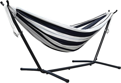 Vivere Double Sunbrella Hammock with Space-Saving Steel Stand, Heavy-Duty Portable Outdoor Hammock Set for Backyard, Patio, or Travel, Harbor