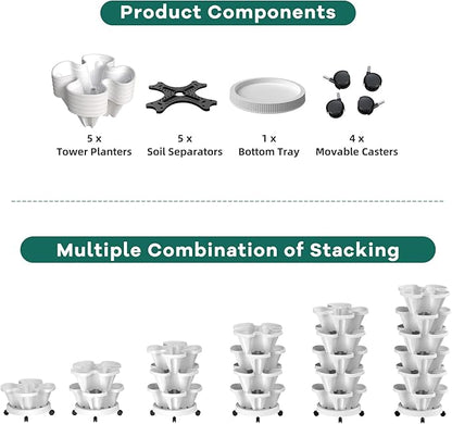 Strawberry Vertical Planters 5 Tiered, Stacking Tower Garden, Stackable Herb Vegetable Planters with Movable Casters and Bottom Saucer Indoor and Outdoor - White