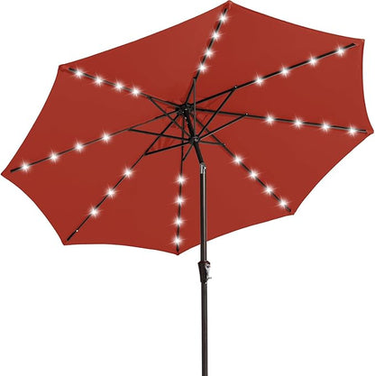 JEAREY 9FT Outdoor Patio Umbrella with Solar Lights, LED Lighted Pool Umbrella with Tilt and Crank, Outdoor Table Umbrellas for Deck, Yard & Market (Red)