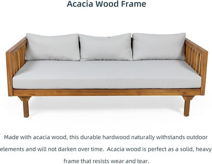 Merax Solid Acacia Wood Couch Chaise Lounge Chair Indoor, 3 Seater Daybed Sofa Couches with Cushions & Pillow, Heavy Frame Day Bed for Living Room, Office, Outdoor, Balcony, Patio, Water Resistant