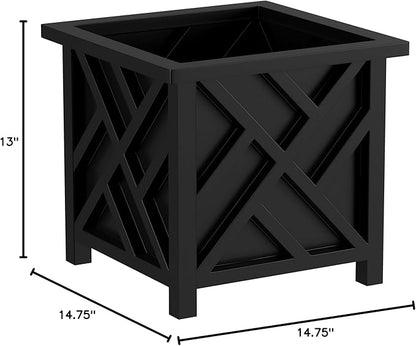Lattice Design Outdoor Planter Box - 14.75” Square 13” Tall Black Plant Pot - Decorative Plant Pots for Front Porch Decor - Flower Pots Outdoor Planters for Porch Patio or Garden Decor by Pure Garden