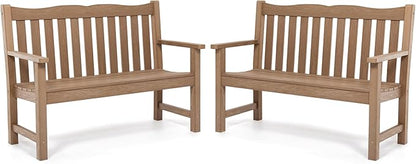 Stoog Outdoor Benches Set of 2, 2-Person Poly Lumber Garden Bench with Real Wood Look, Never Fade & Rust-Proof, All-Weather for Patio, Porch, Deck, and Backyard, Teak