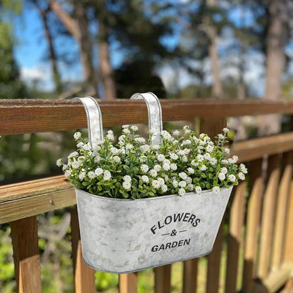 Briful 10'' Hanging Planter Outdoor 5PCS Metal Railing Planter for Herb Flower, Oval Galvanized Buckets with Detachable Hooks, Garden Fence Balcony Windowsill Hanging Pot, Silver