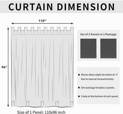 Easy-Going Outdoor Patio Curtains Detachable Tab Top Windproof Weatherproof Curtain for Cabana, Porch, Pergola and Gazebo, Tab Bottom Drape, 2 Panels, 110W x 96L inch, Gray