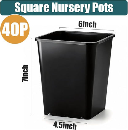 Nursery Pots 6 Inch 40 Pcs, Plastic Seed Starting Pot with Drainage Holes, Sturdy Seedling pots for Planting, Cuttings (Black)