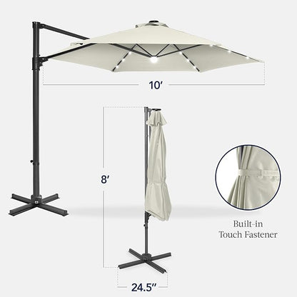 Best Choice Products 10ft Solar LED Offset Cantilever Hanging Market Patio Umbrella, Smooth 360° Rotation, 8 Sturdy Ribs, Easy Adjustment - Ivory