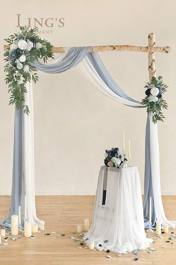 Artificial Flowers Set, Dusty Blue Sheer Drapes and Swag, 4 Pieces