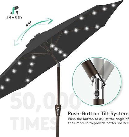 JEAREY 9FT Outdoor Patio Umbrella with Solar Lights, LED Lighted Pool Umbrella with Tilt and Crank, Outdoor Table Umbrellas for Deck, Yard & Market (Jet Black)