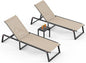 Aluminum Patio Chaise Lounge Set of 2 with 1 Side Table, Foldable Outdoor Pool Lounge Chairs 5-Position Recliner for Outside Poolside, Fully Grounded Legs Sun Lounger for Beach, Yard, Khaki