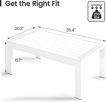 All-Weather Aluminum Outdoor Coffee Table, Modern Coffee Table for Outside, Rectangle Patio Coffee Table for Balcony Garden, White