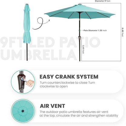 JEAREY 9FT Outdoor Patio Umbrella with Solar Lights, LED Lighted Pool Umbrella with Tilt and Crank, Outdoor Table Umbrellas for Deck, Yard & Market (Teal)