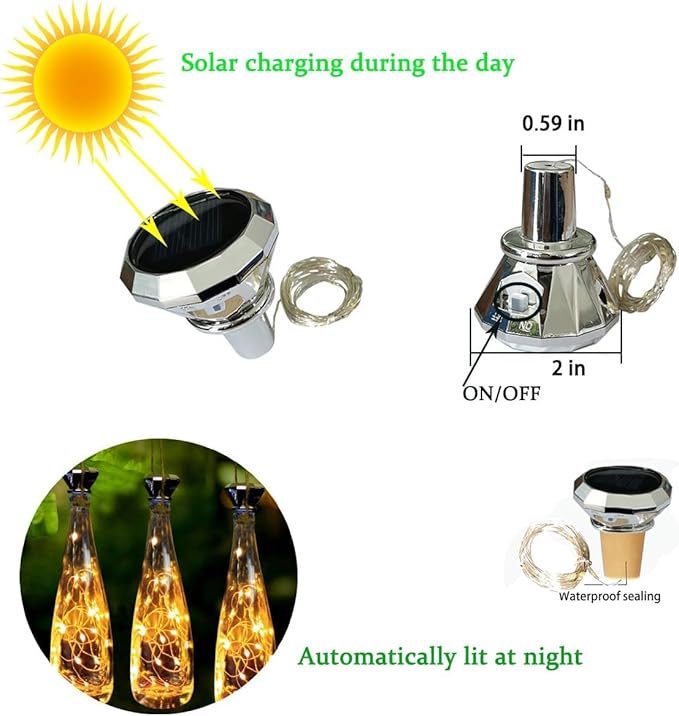 Solar String Lights for Wine Bottles, 12 Pack Warm White Diamond