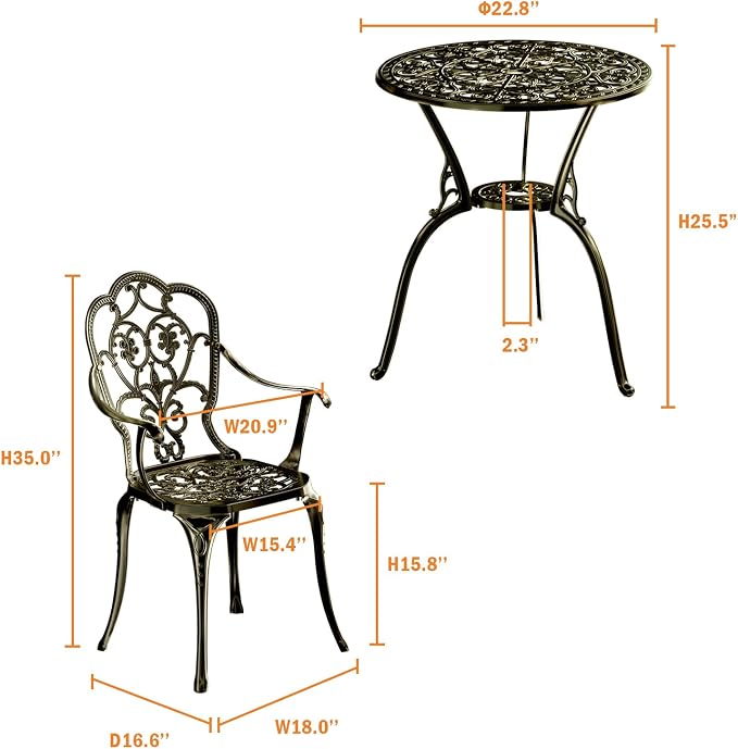 Bistro Set, 3-Piece Cast Aluminum Table and Chairs, Golden Bronze