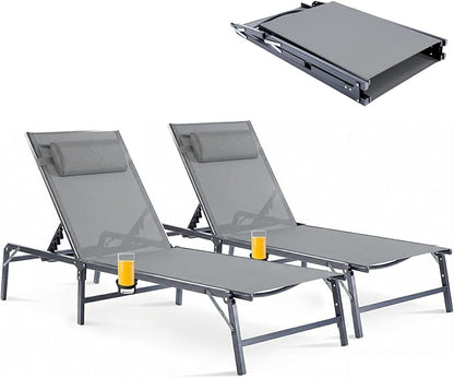 2 Pack Foldable Chaise Lounge Chair with Cup Holder, Assemble-Free Outdoor Lounge Chair with Detachable Pillow and 6 Adjustable Backrest, Patio Lounge Chair for Outside Poolside Beach Pool, Grey