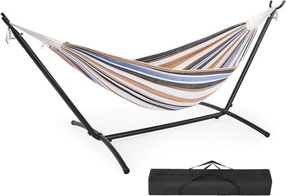DUMOS Double Hammock with Space Saving Stand, Heavy Duty Steel Frame, Portable for Outside & Indoor Use, 450lbs Capacity, Easy Assembly, Carrying Bag Included, Beige