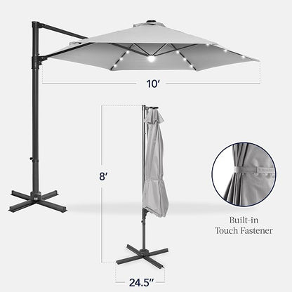 Best Choice Products 10ft Solar LED Offset Cantilever Hanging Market Patio Umbrella, Smooth 360° Rotation, 8 Sturdy Ribs, Easy Adjustment - Fog Gray