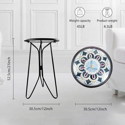 LIFFY Outdoor Side Table,12" Indoor Small Round Glass Tabletop Accent Table with Metal Frame, Home Decorative Plant Stand & End Table Outside for Patio, Garden, Yard, Kitchen, Porch