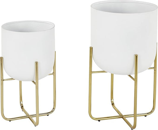Deco 79 Metal Indoor Outdoor Planter Large Planter Pot with Removable Gold Stand, Set of 2 Planters 16", 13"H, White
