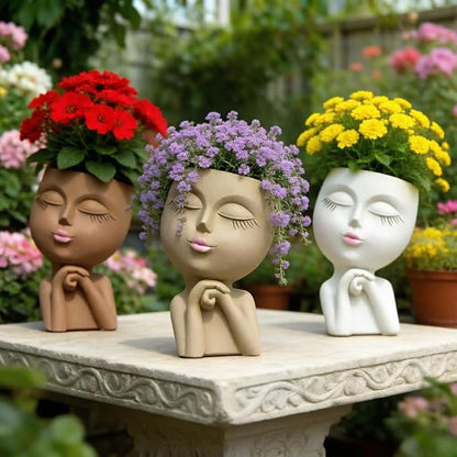Face Head Planter, Funny Heads Plant Pots, Cute Girl Faces Plant Pot, Decorative Flower Pots, Cute Succulent Pots with Drainage for Home Garden Decor, Plant Lover's Gifts for Women (7" Khaki)