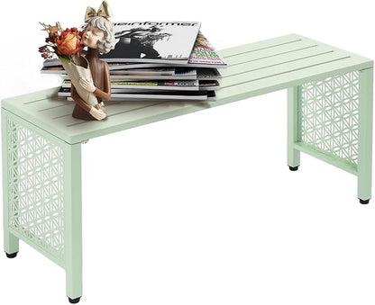 VINGLI 40in Outdoor Metal Bench, All-Weathe Backless Patio Bench with Slatted Seat＆Floral Side Panels, Rust-Resistant Garden Bench, Weatherproof Outdoor Seating for Porch Entryway Backyard (Green)