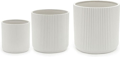 Amazon Basics Assorted Sizes Fluted Ceramic Round Indoor Outdoor Planters with Drainage Hole, Set of 3, Modern Design, 6 inch, 8 inch, 10 inch, White, Succulent Flower Pots